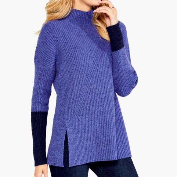 Nic + Zoe Blue Two-Tone Long Sleeve Mock Turtleneck Ribbed Knit Sweater Sz S - Picture 1 of 7